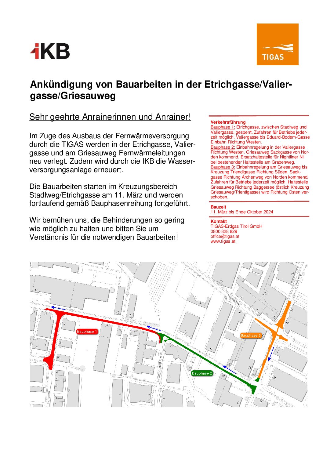 Ankündigung von Bauarbeiten in der Etrichgasse/Valiergasse/Griesauweg